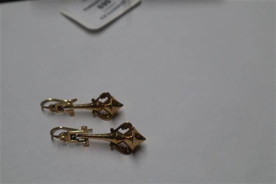 A near pair of ornate 19th century yellow metal drop earrings, 48mm & 52mm.